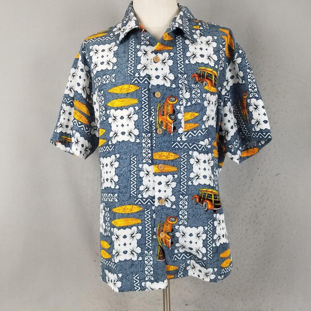 Roundy Bay Hawaiian Shirt Mens XL Blue Yellow Woody Car Surfer‎ Floral Aloha Top